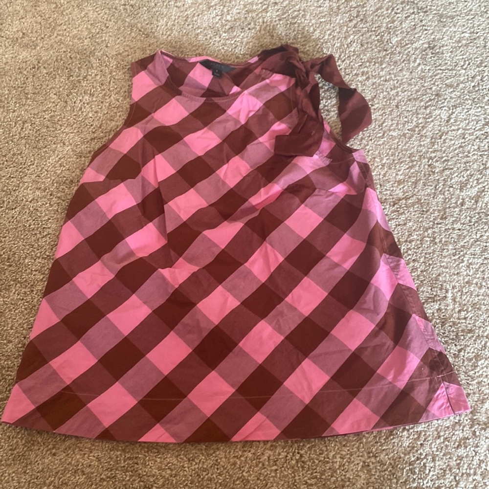 J CREW PINK GINGHAM ONE SHOULDER BOW BLOUSE SIZE 2